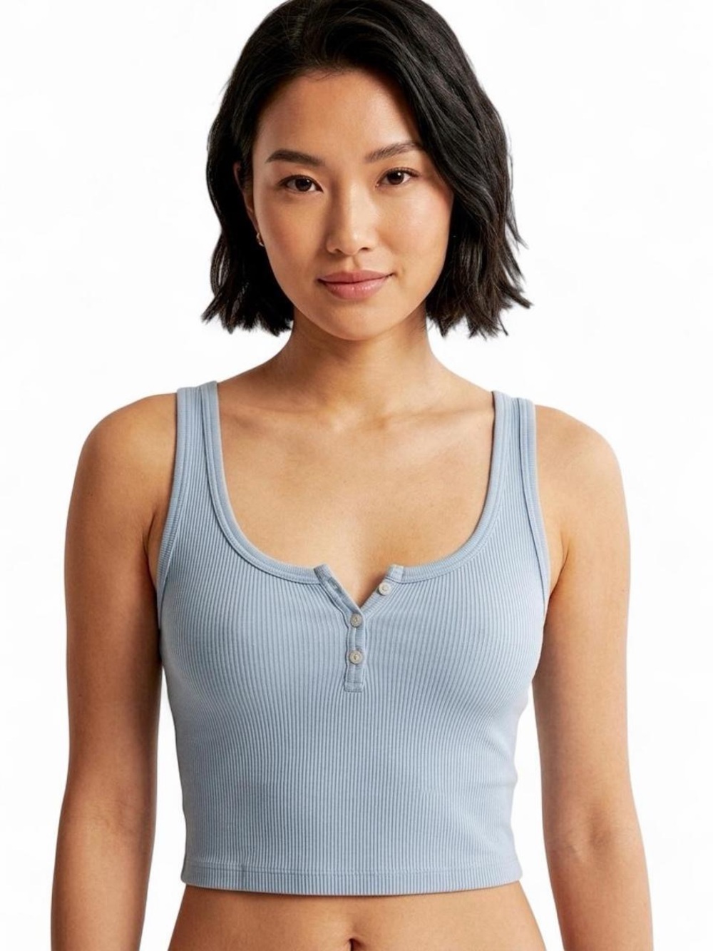 Brandy Melville Blue Ribbed Henley Tank Top 100% Cotton One Size Baby Blue